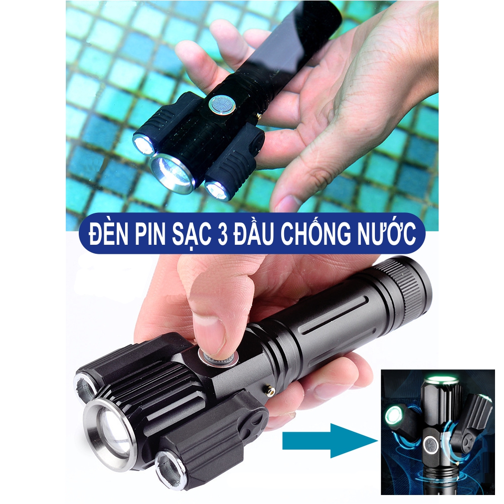 Đèn pin sạc siêu sáng 3 đầu chống nước cấp IPX6