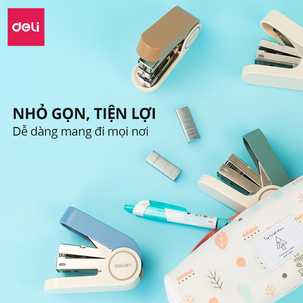 Dập ghim trợ lực mini Deli,  giảm 70% lực, không tốn sức, nhỏ gọn, kim bấm số 12 tiện lợi