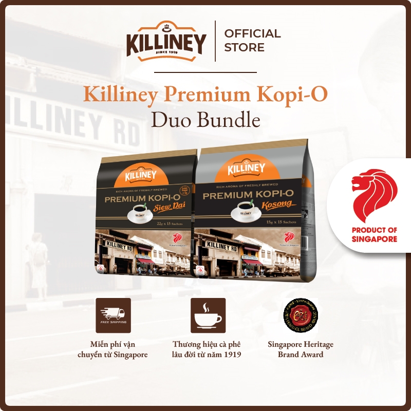Combo 2 Túi Cà Phê Rang Xay Nguyên Chất Không Đường Và Ít Đường Cao Cấp Killiney Premium Kopi-O Kosong + Siew Dai - (2 Túi X 15 Gói)