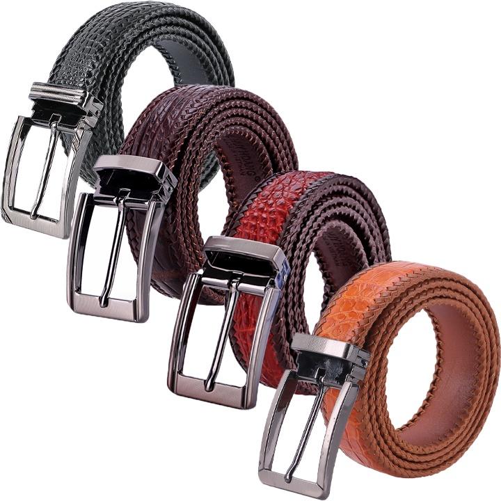 Thắt lưng nam da cá sấu Huy Hoàng đan viền 3,5P đầu kim màu đen, nâu đất, nâu đỏ, vàng bò HT4276-77-78-79
