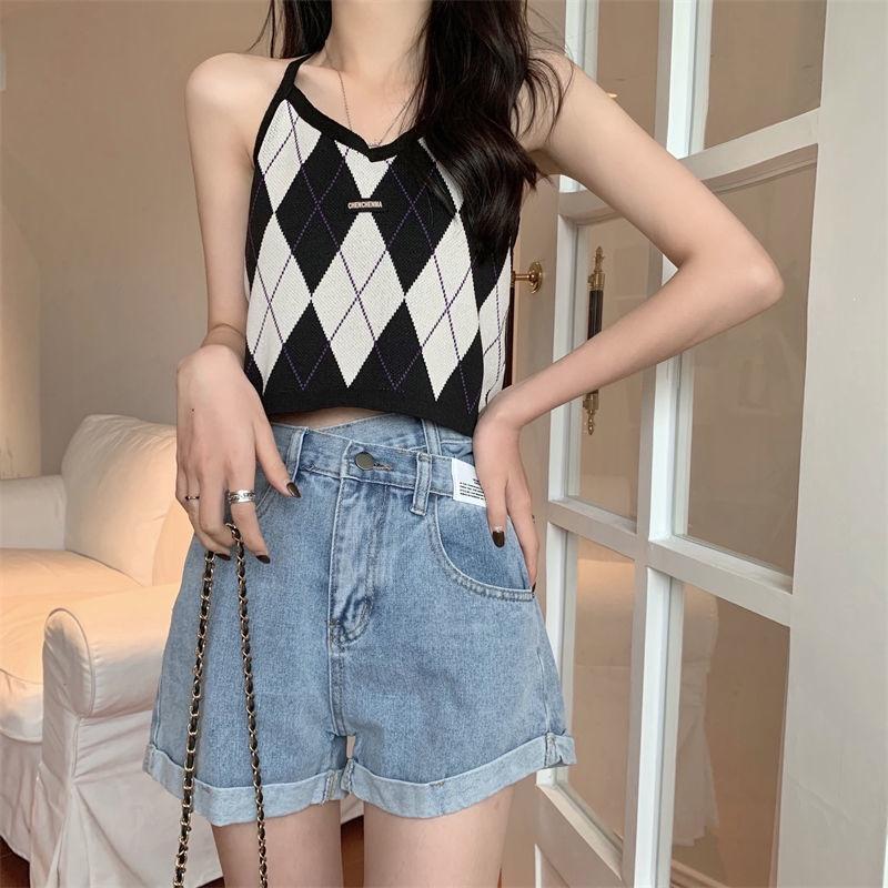Áo yếm caro croptop dệt kim len nữ kiểu buộc dây cô tim dáng ngắn thiết kế Quảng Châu cao cấp trẻ trung cá tính