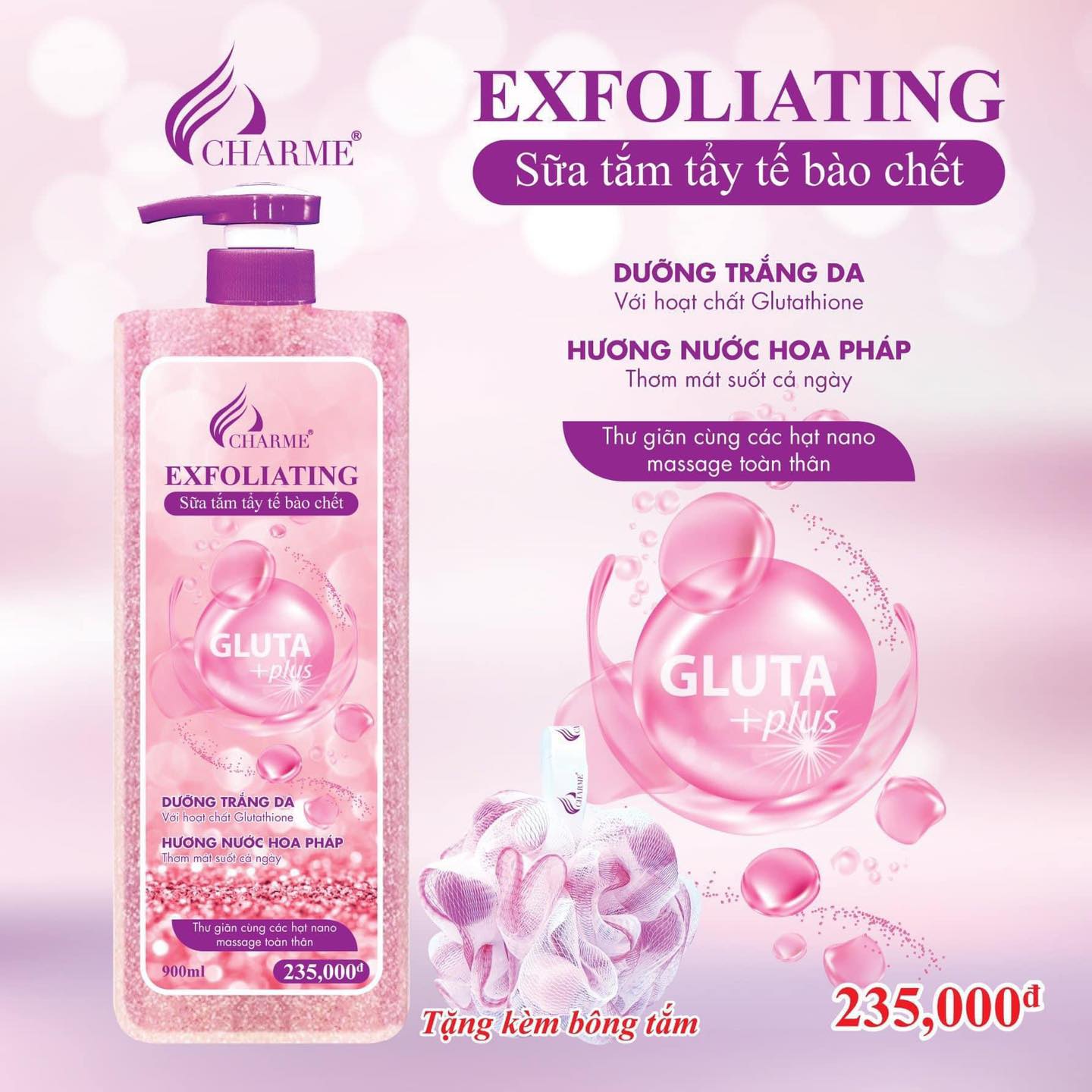 Sữa tắm tẩy tế bào chết, Charme Exfoliating, chiết xuất thiên nhiên, dưỡng trắng, làn da mềm mịn, 900ml