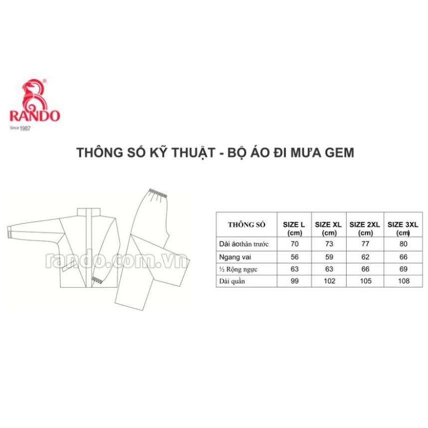 BỘ QUẦN ÁO MƯA GEM 2 Lớp, RANDO Chính Hãng, Lớp Lưới Thoáng Mát, Vải Dù Bền Bỉ Không Thấm Nước, Phản Quang Cho Đi Phượt