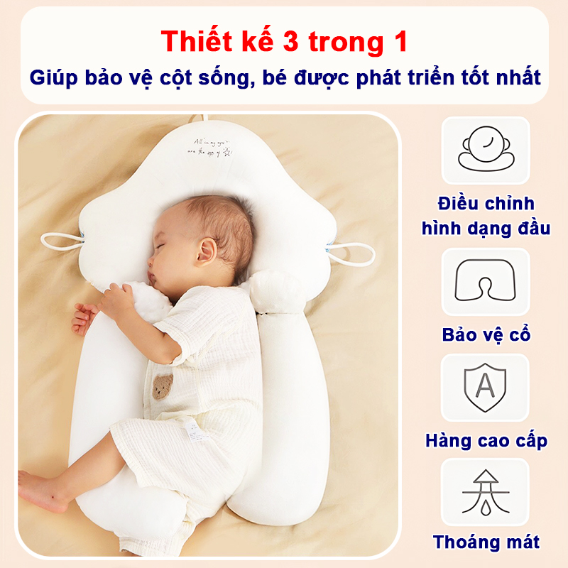 Gối chữ U cho bé sơ sinh có dây rút điều chỉnh 3 đầu Baby-S, Gối chống bẹp đầu cao cấp giúp bé ngủ ngon – SSS036
