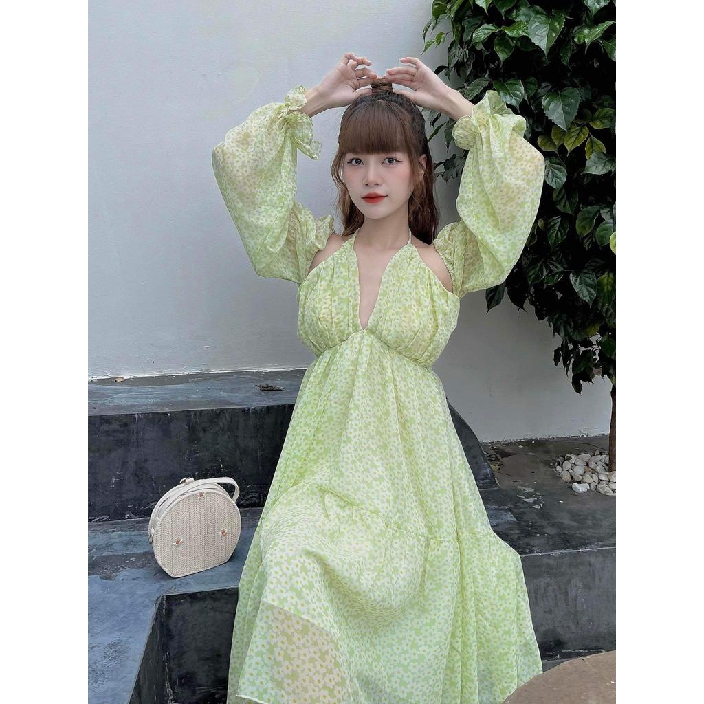 Đầm voan chiffon hoa xanh nhí có smocking lưng thun