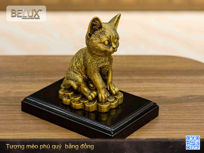 Tượng mèo phú quý bằng đồng 16x11x10cm