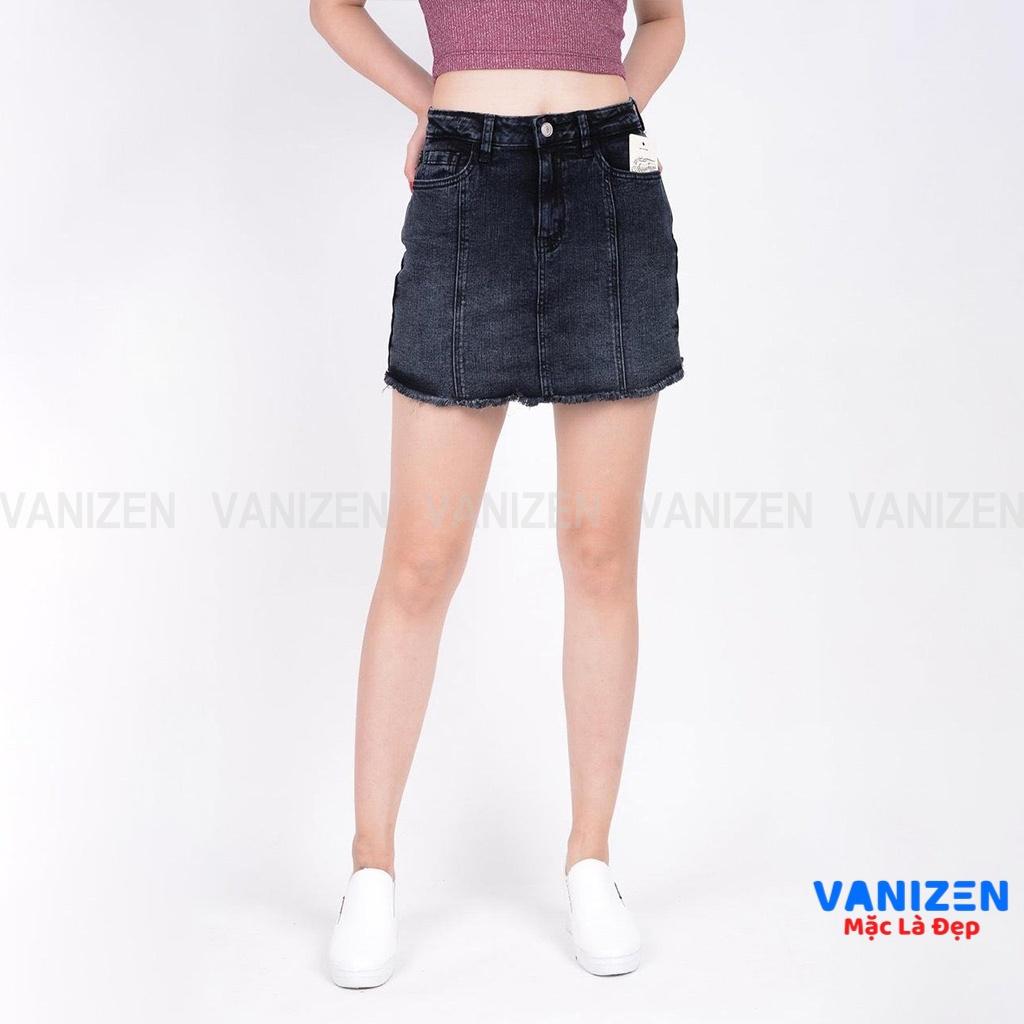 Chân váy jean nữ có quần bên trong đẹp lưng cao cạp cao trơn gân gấu tua rua xám khói hàng cao cấp mã 433 VANIZEN