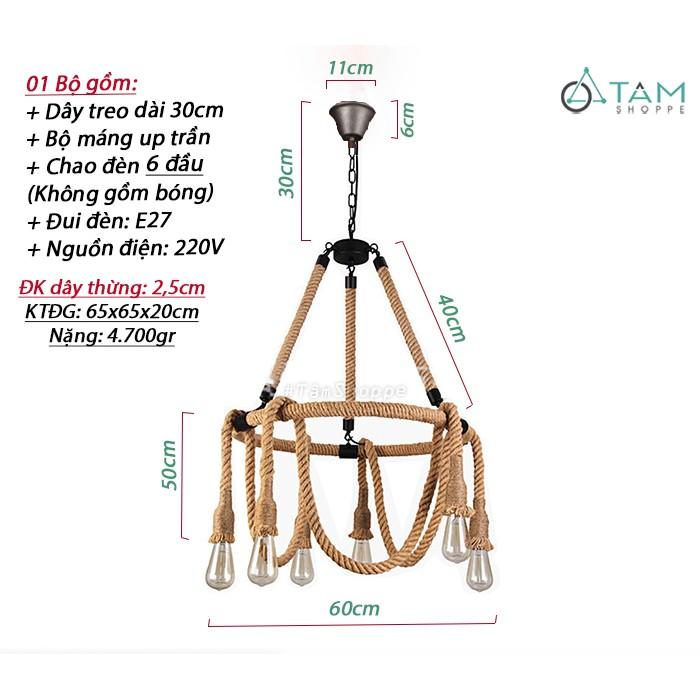 Đèn thả trần dây thừng khung nón treo thòng 6 dây FE-ĐTTDT-02