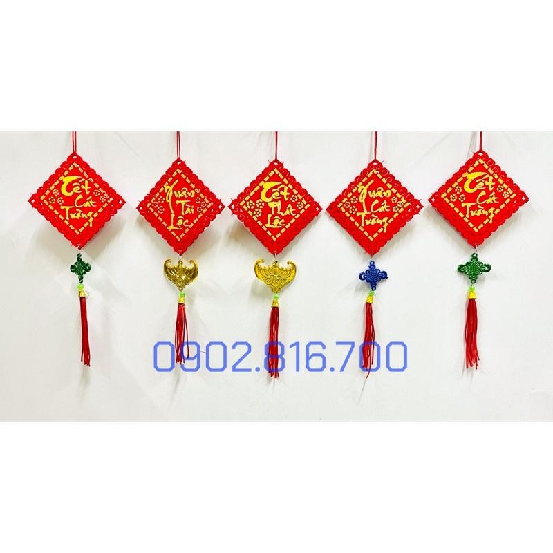 Set 5 Liễng nhung đỏ hình quạt , tròn , vuông chữ vàng đủ chữ treo cây mai - đào - tắc phụ kiện trang trí tết