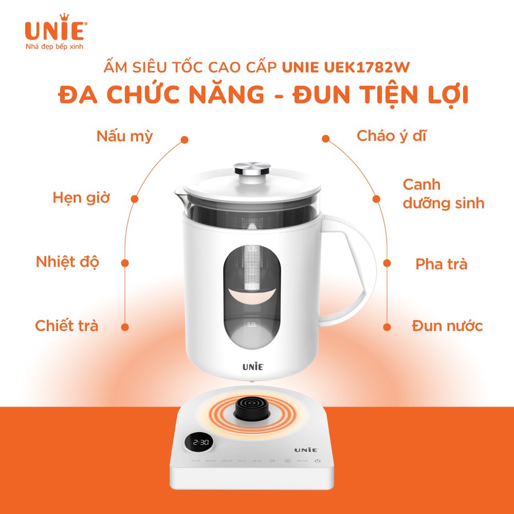 Ấm Siêu Tốc Đa Năng Cao Cấp UNIE UEK1782W Sang Trọng Tiêu Chuẩn Đức, 6 Chức Năng Nấu Pha, Dung Tích 1.7 Lít Công Suất 1000 W  - Hàng Chính Hãng