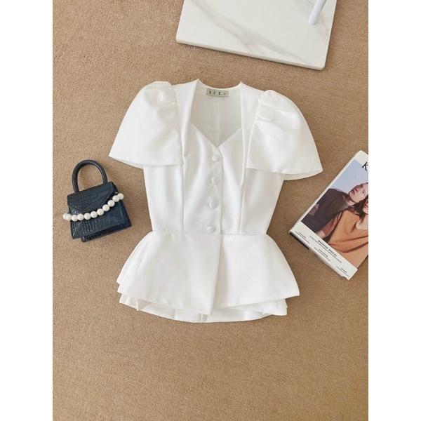 CHEN.ROOM Áo peplum Keren tay phồng cổ V + Chân váy Abi dập ly 2 lớp sang trọng, đầm váy xinh nhà Chen