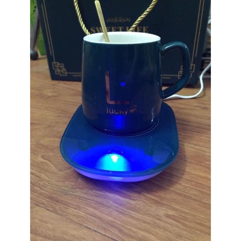 Bộ cốc + đế hâm nóng Cafe sứ xanh cổ vịt