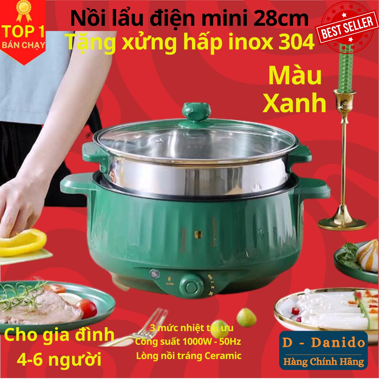 Nồi lẩu điện đa năng 28cm CỠ TO, chống dính vân đá cao cấp công suất 1000W tiện dụng 3 nấc nhiệt kèm giá hấp inox 304 - Hàng chính hãng D Danido – Logo ngẫu nhiên