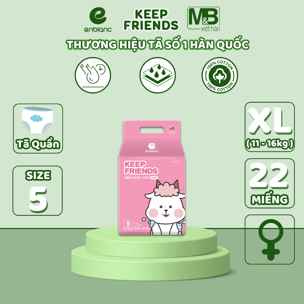 Tã Bỉm Quần Hàn Quốc ENBLANC KEEP FRIENDS Siêu Mỏng Nhẹ, Khô Thoáng, Thấm Hút Nhanh Cho Bé Gái Size XL 22 Miếng