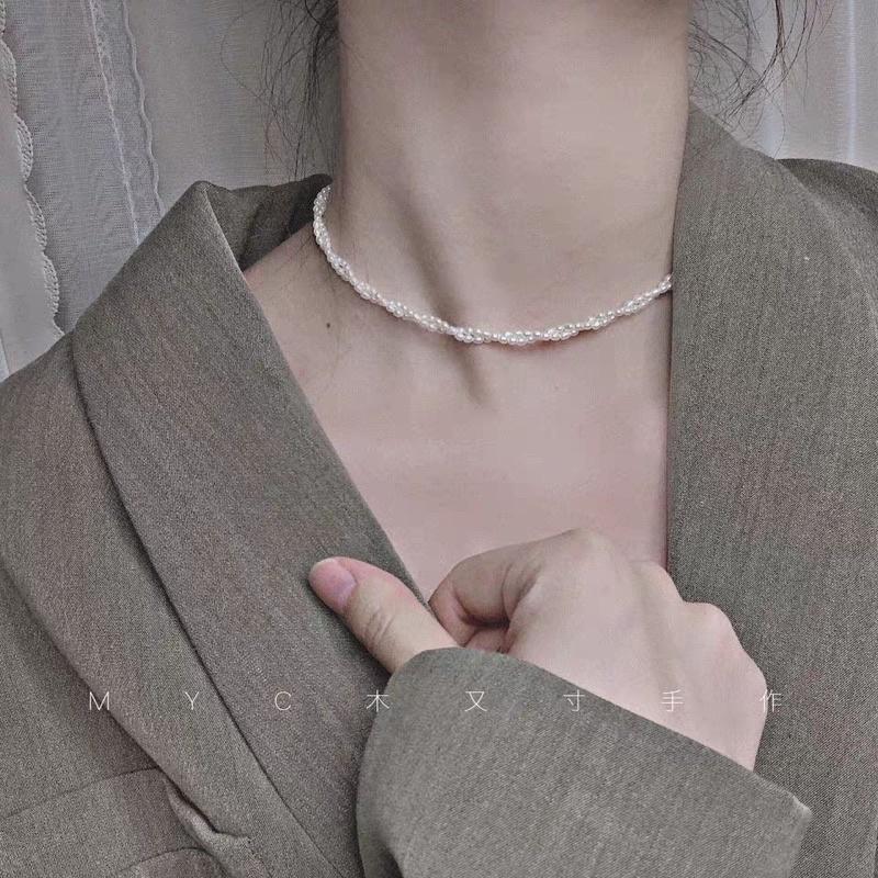 N397 vòng cổ hạt Trai, dây chuyền hạt bẹt dây chuyền choker 2 sợi xoắn kiểu dáng sang trọng cho nữ