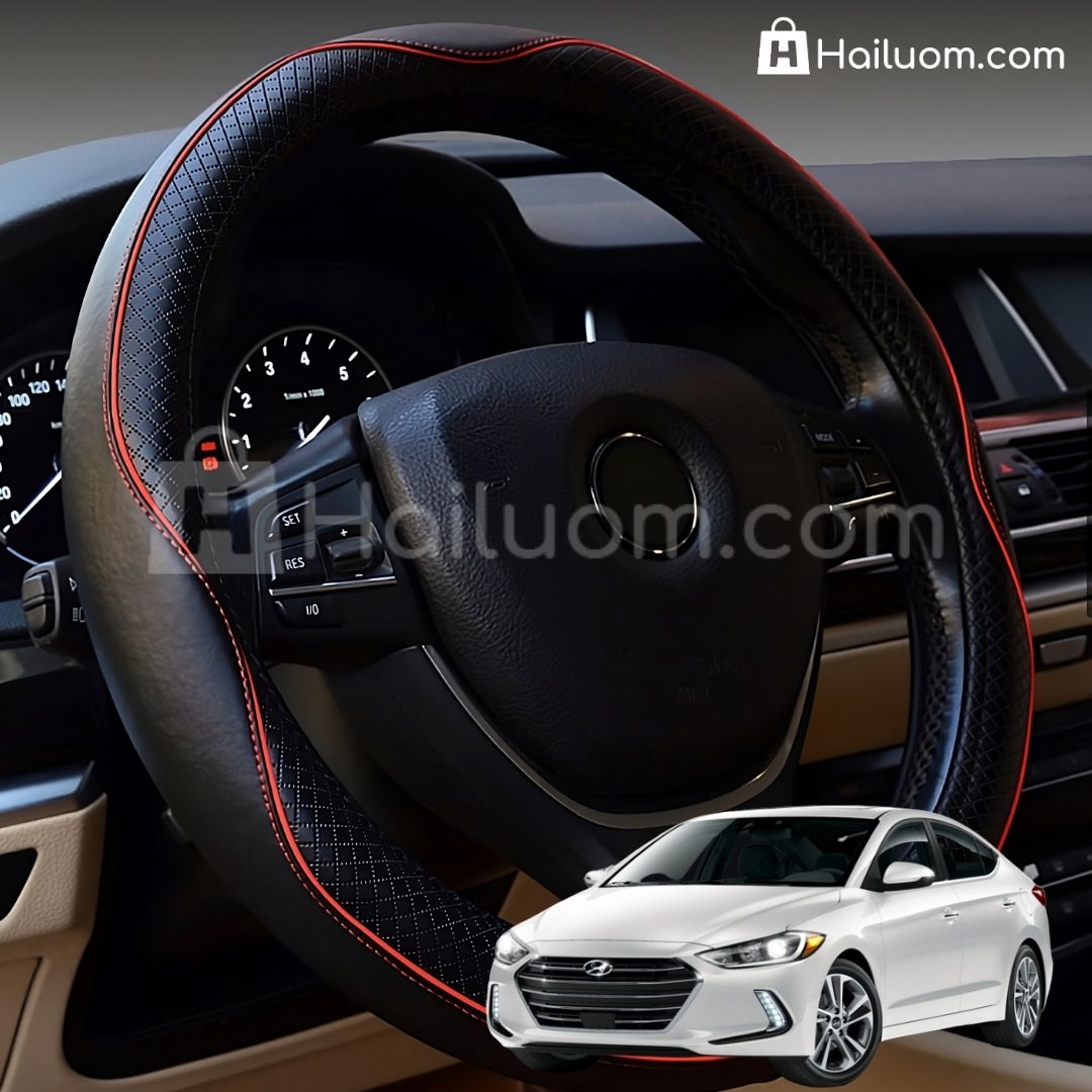 Bọc Vô Lăng ô tô cho HYUNDAI ELANTRA Da Thật Cao Cấp - Màu Đen Chỉ Đỏ