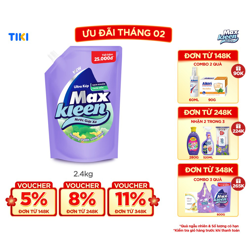 Túi Nước Giặt Xả MaxKleen Hương Vườn Sớm Mai Sạch Khuẩn Thơm Mềm Tiện Lợi & Tiết Kiệm 2.4KG