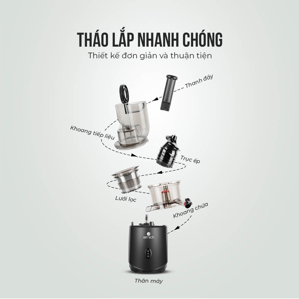 Máy ép chậm Elmich JEE - 1855OL, công suất 240W, ống tiếp nguyên liệu rộng 83mm, độ ồn cực thấp 55 dB - Hàng chính hãng (New)