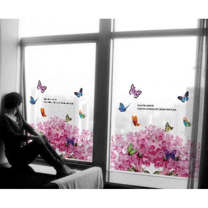 Decal trang trí kính cao cấp mẫu hoa bướm hồng