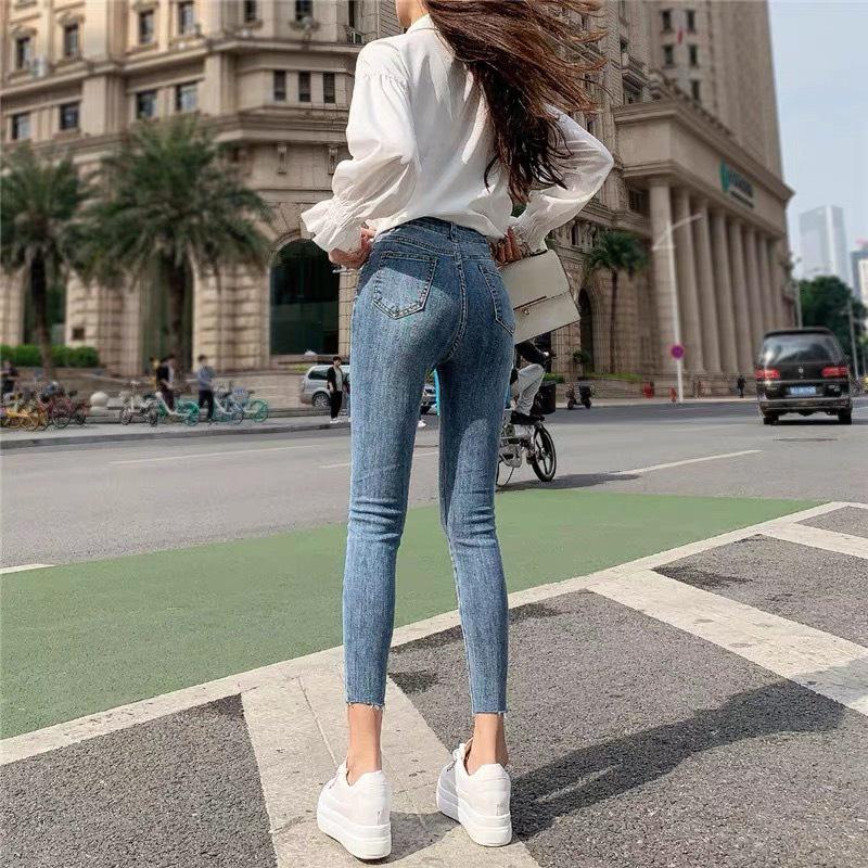 Quần jeans 9 TẤC BigSize co dãn mạnh, lưng cao, màu xanh đá tua lai 4209