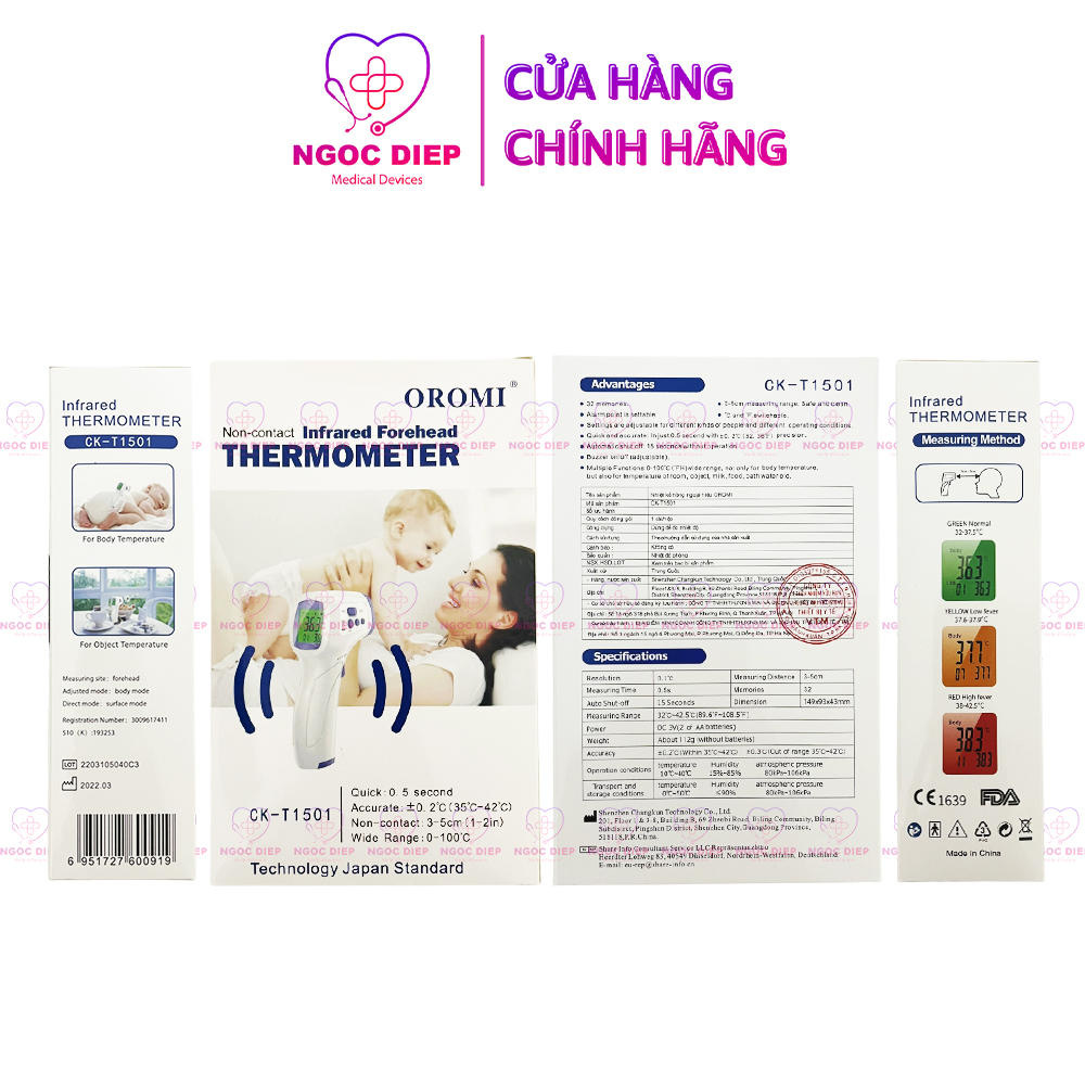 Nhiệt kế điện tử hồng ngoại OROMI CK-T1501 - Máy đo thân nhiệt - Hàng chính hãng