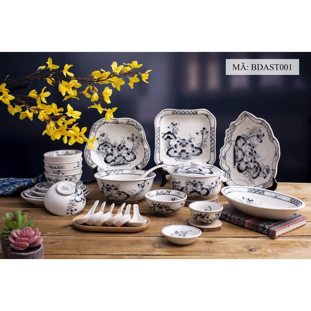 Bộ bát đĩa họa tiết hoa văn hoa SEN CÀNH XANH gốm sứ Bát Tràng