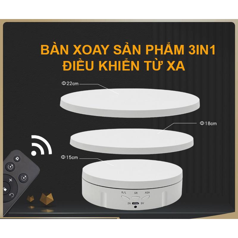 Bàn Xoay Sản Phẩm 3in1 360 Độ Có Điều Khiển Từ Xa Cắm Nguồn USB Pin Sạc Tải 10KG, Đế Xoay Trưng Bày Sản Phẩm Đa Tốc Độ