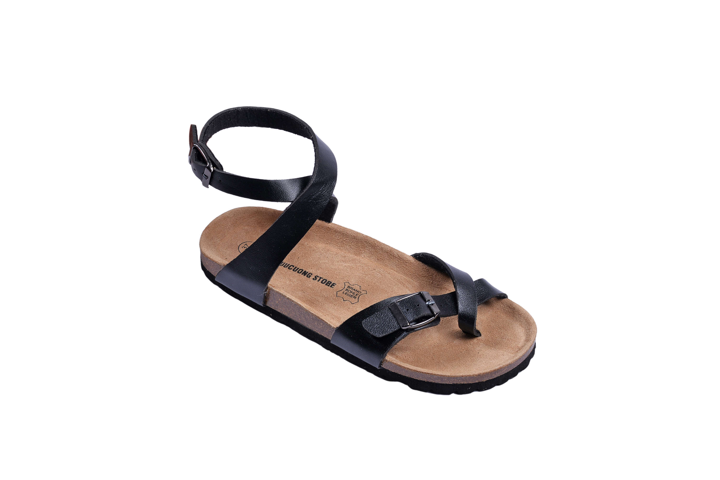 Sandal unisex xỏ ngón cổ xoắn da pu đen handmade