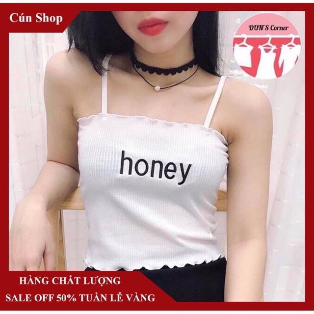 Áo 2 dây thêu chữ honey chất thun gân