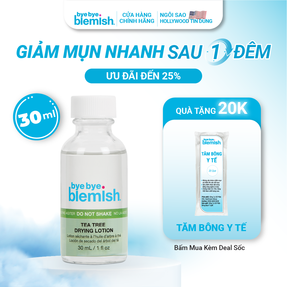 Chấm mụn Tràm Trà giảm mụn nhanh sau 1 đêm dành cho da mụn sưng viêm Bye Bye Blemish Tea Tree Drying Lotion 30ml