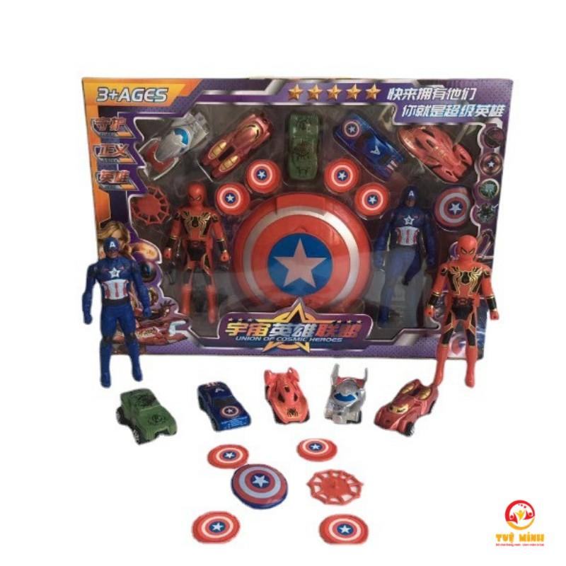 Bộ Đồ Chơi Mô Hình Siêu Nhân Captain American Và Người Nhện Tuệ Minh Có Khiên Và 5 Ô Tô Bánh Đà Siêu Ngầu Cho Bé Trai