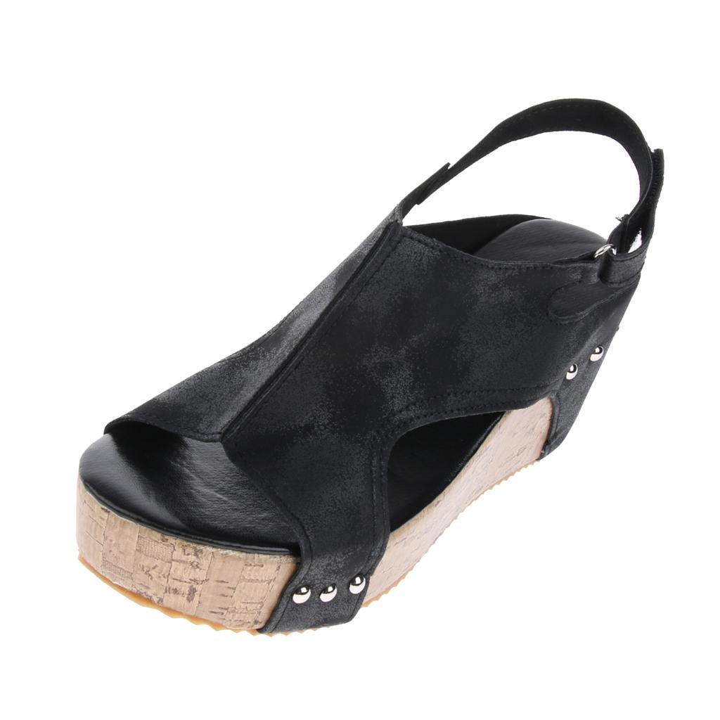 Retro Studded Cork Platform Wedge Sandal Leather Upper Open Toe for Women