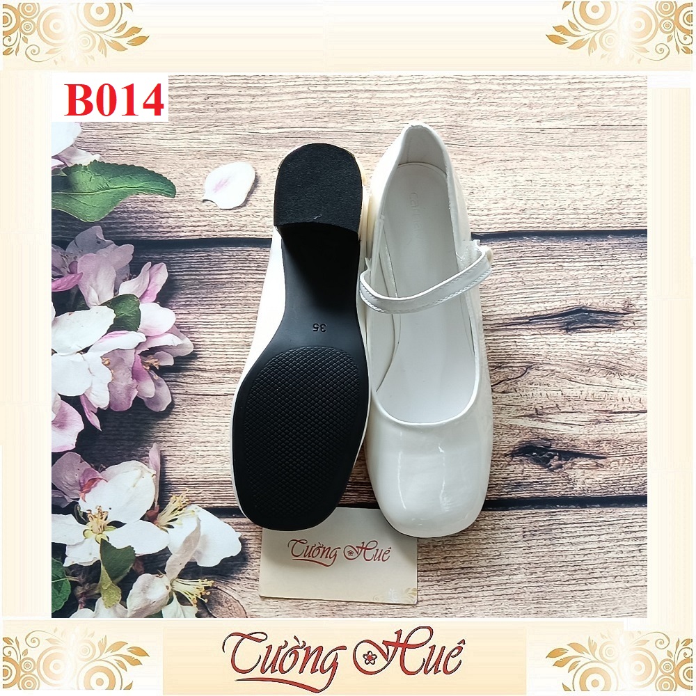Giày Búp Bê Da Bóng Mũi Vuông Quai Ngang Đính Ngọc Trai Gót Cao 6CM