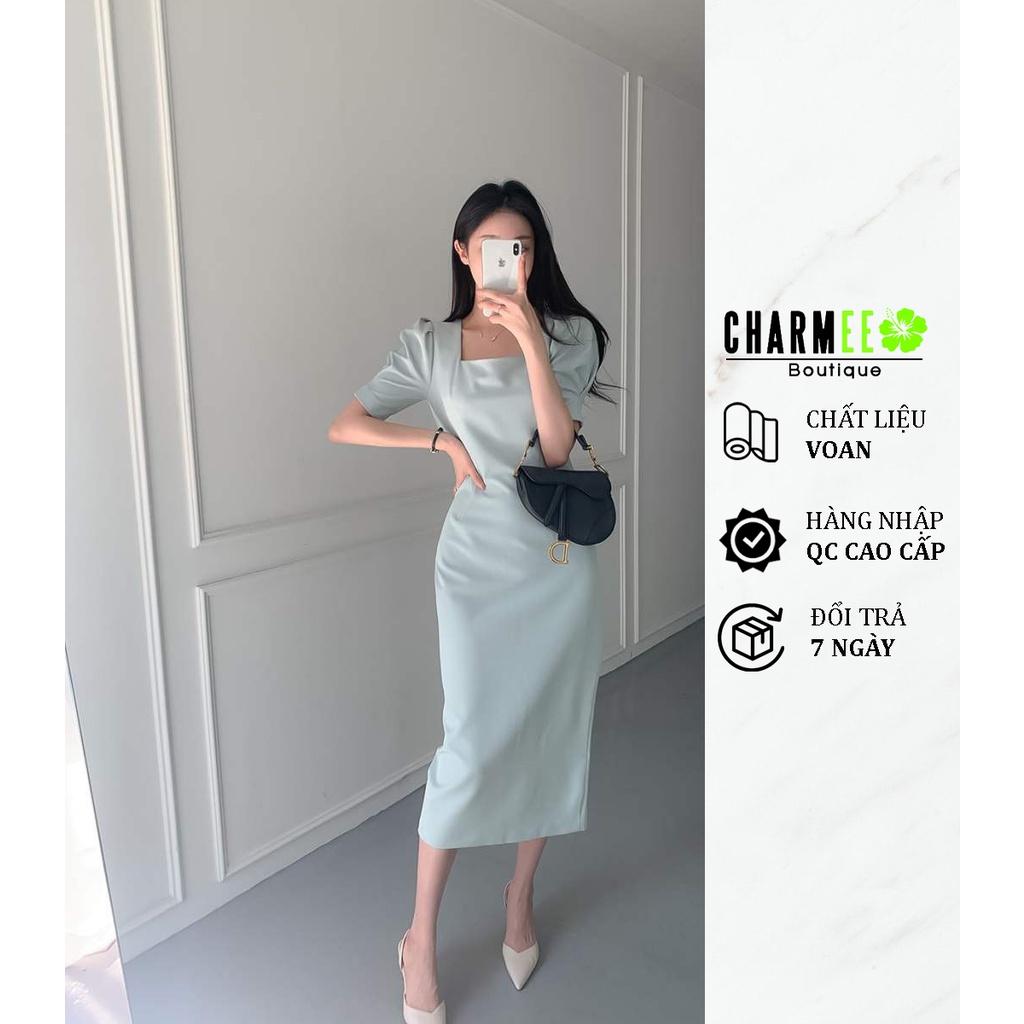 Đầm xanh cổ vuông dáng dài