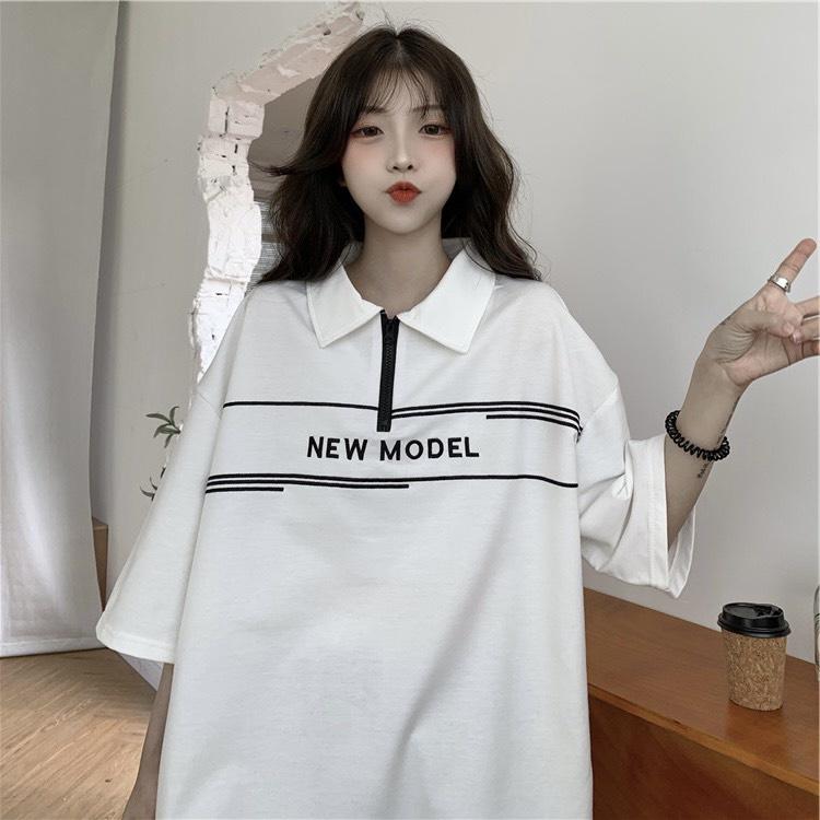 Áo Polo Cộc Tay Khóa Kéo In Chữ NEW MODEL Dáng Rộng
