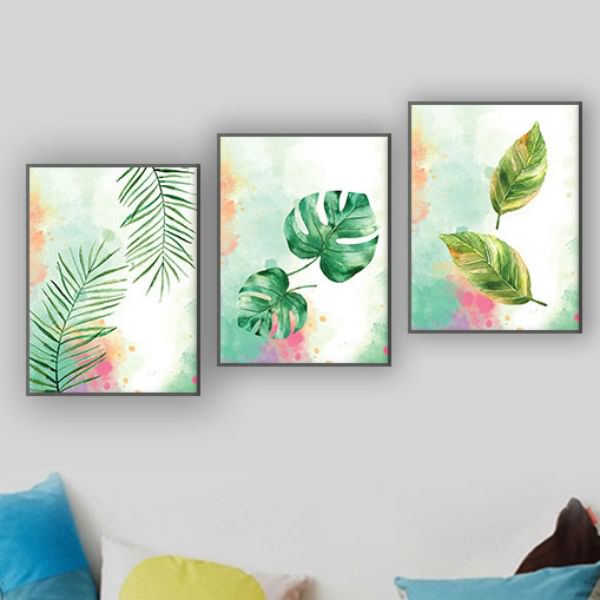 Bộ 3 Tranh Canvas Không Viền Treo Phòng Khách "Lá Có Đôi" W065
