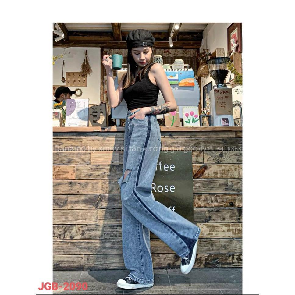 Quần JEANS nữ ống rộng lưng cao rách đùi cá tính thời trang 968