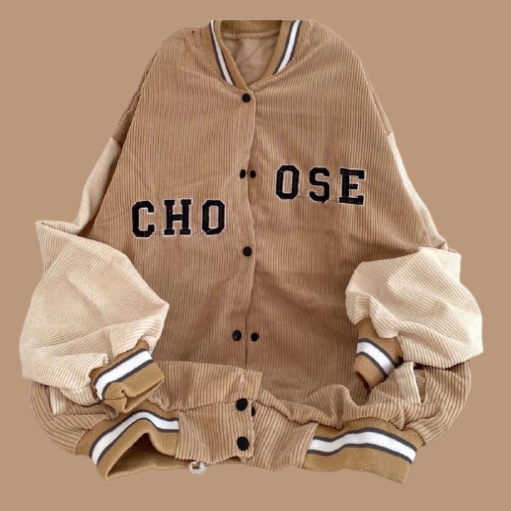 Áo khoác bomber, áo bomber cho nữ nhung tăm CHOOSE bóng chày cute ELYSTORE 2 màu đen và kem
