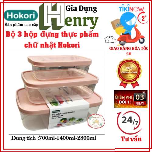 Bộ hộp đựng thực phẩm chữ nhật 750-1500-2500ml Hokori - hàng Chính Hãng