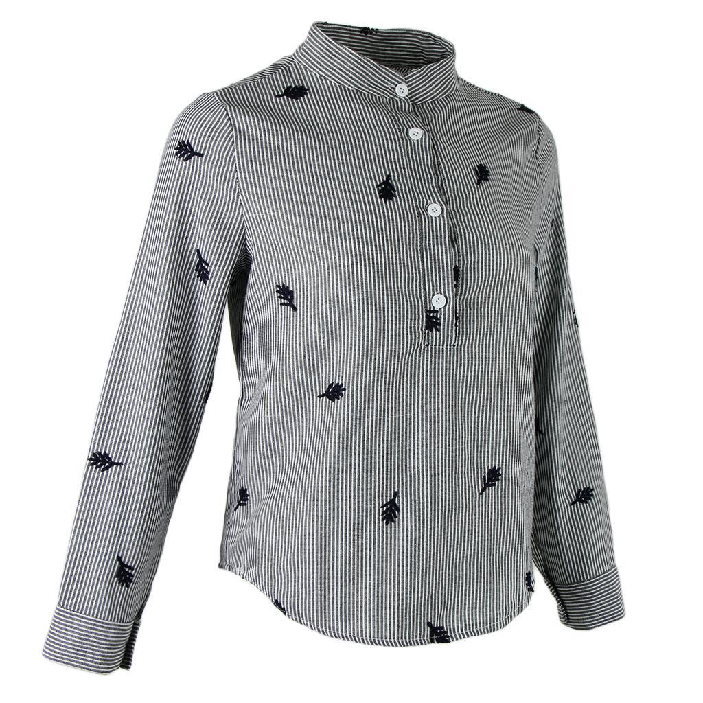 Women Stand Collar Long Sleeve Embroidery Striped Slim Blouse Base Shirt