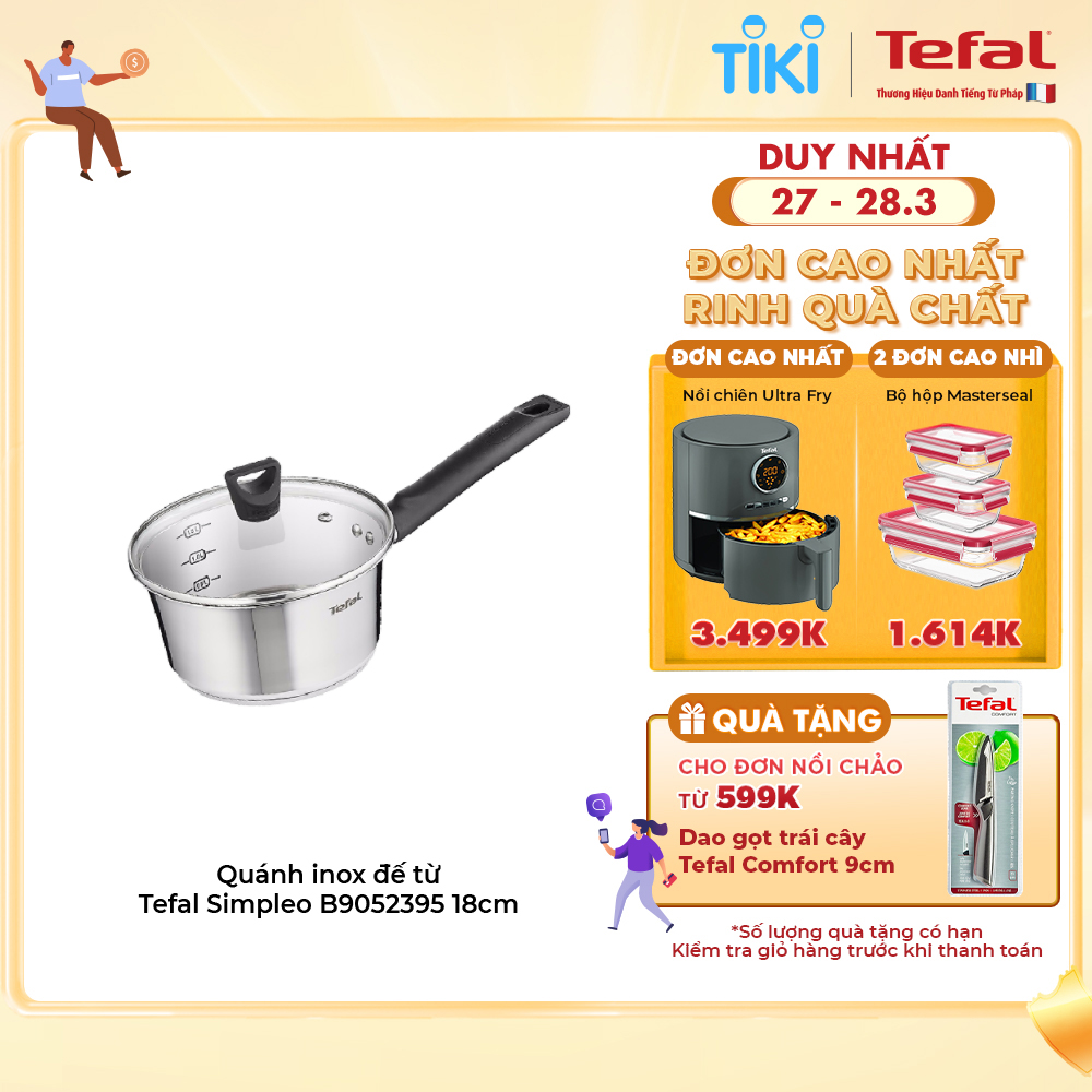 Quánh inox đế từ Tefal Simpleo B9052395 18cm - Hàng chính hãng