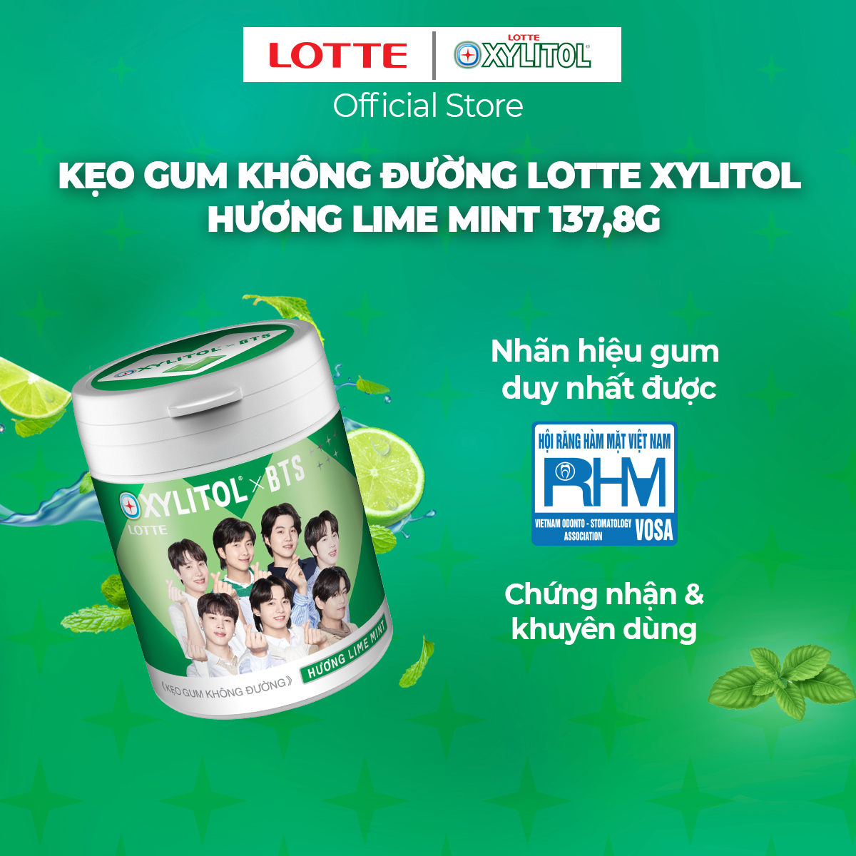 Kẹo Gum không đường Lotte Xylitol - Hương Lime Mint 130,5 g