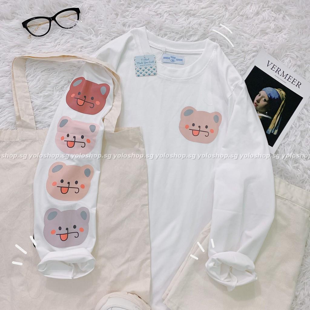 Áo Thun Tay Dài Unisex Gấu In Tay Thu Đông Form Rộng