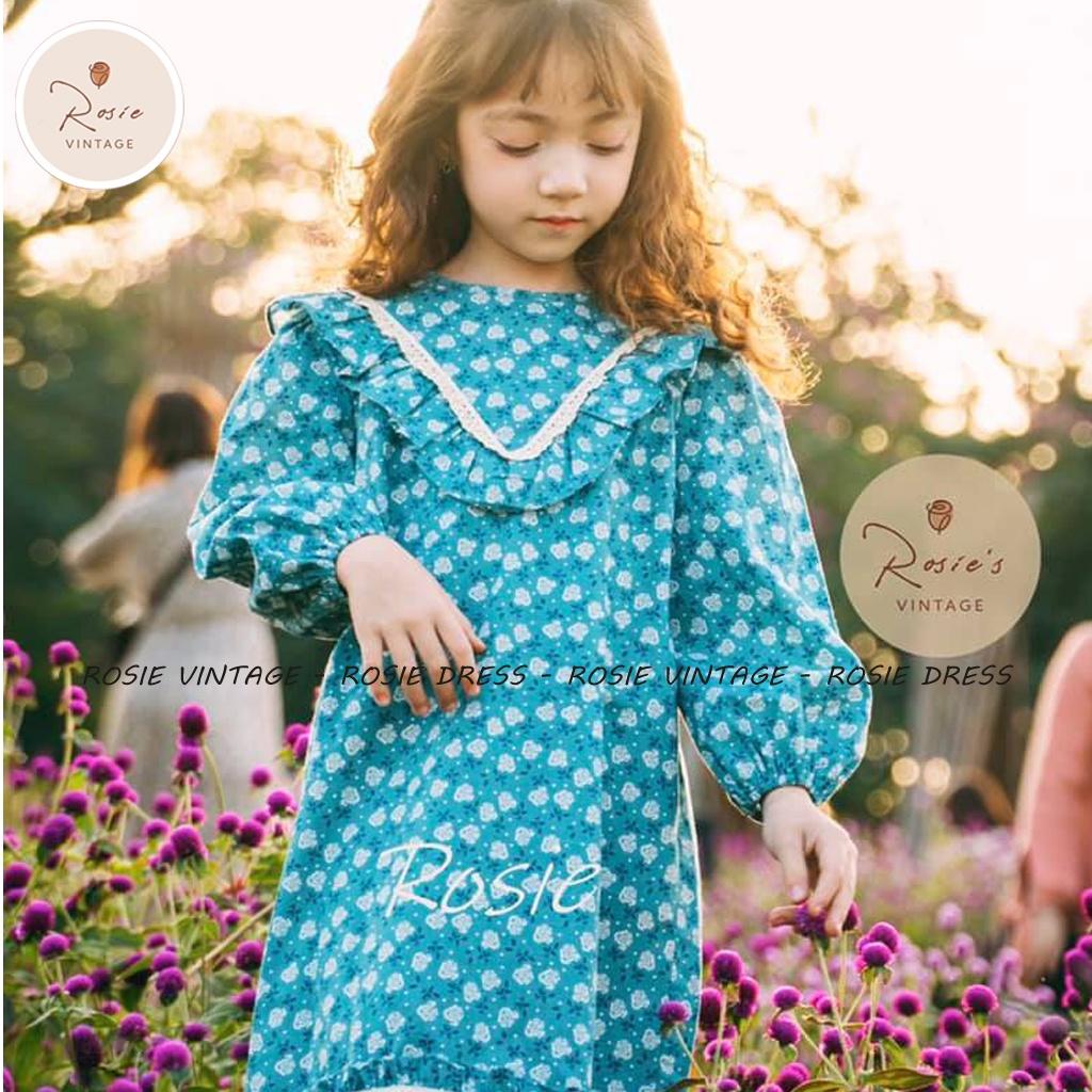 Váy hoa nhí xanh ROLIA chất vải thô cotton mềm mịn cho bé gái từ 9-36kg V07