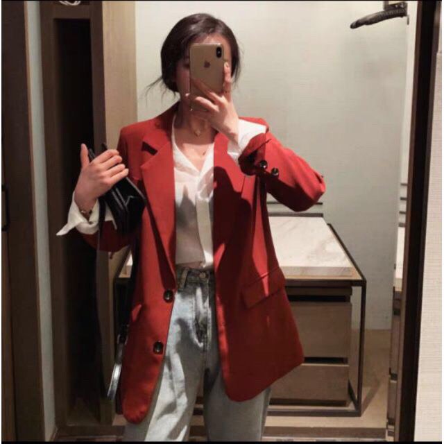 Áo khoác Blazer Màu Đỏ Phong cách Retro Hàn Quốc Cho Nữ