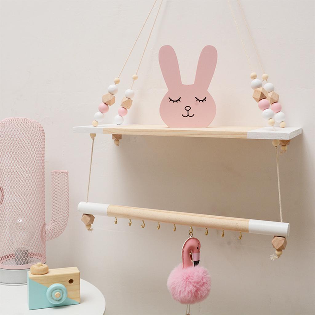 Wooden Wall Shelf With Hooks  Organizer Hanging Mount Clothes
