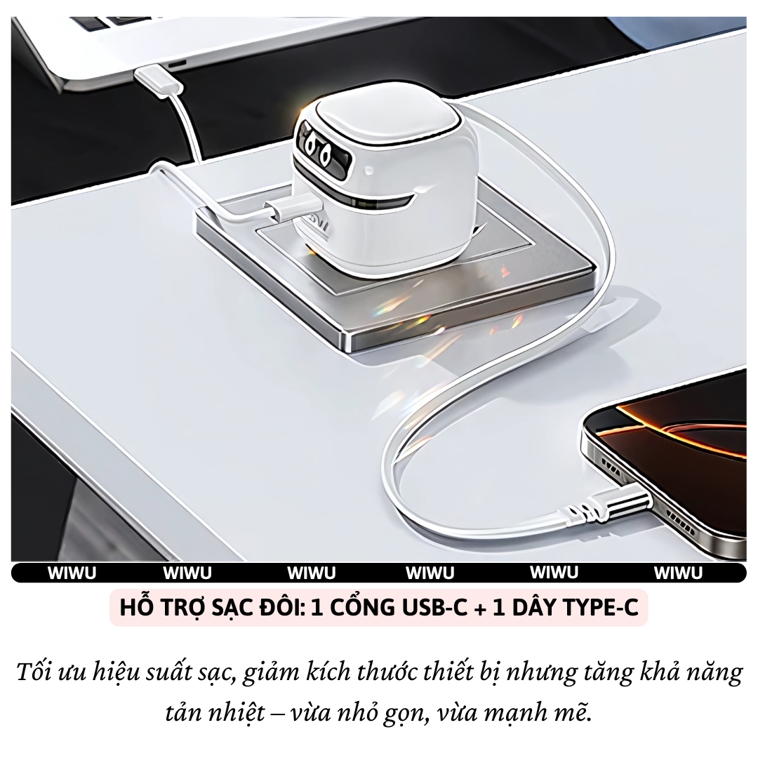 Adapter cóc củ sạc nhanh 65W PD USB C kèm dây sạc Type-C PPS chống cháy hiệu WIWU Robot Fast Charger cho iPhone iPad Oppo Samsung  - Trang bị chip AI thông mình tự động điều chỉnh dòng điện, bảo vệ quá sạc - Hàng nhập khẩu