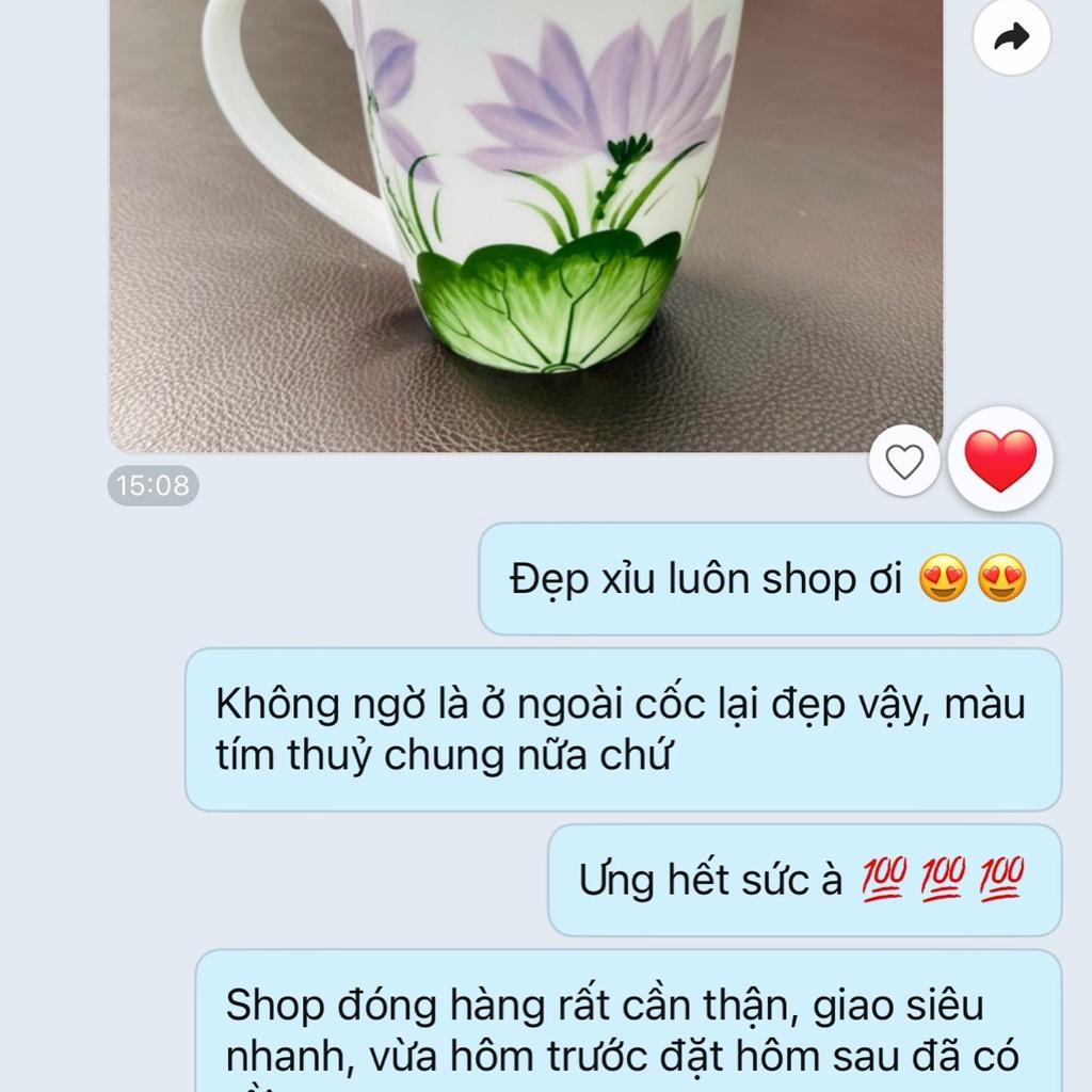 Ly Sứ Cao Cấp Họa Tiết Vẽ Tay Thủ Công Dễ Thương - Cốc Sứ Uống nước có Nắp Dung Tích 400ml