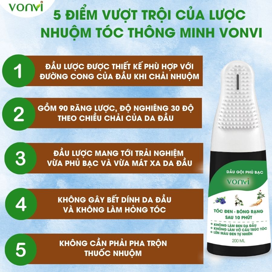 Thuốc nhuộm tóc làm đen tóc VONVI tự nhiên sau 10 phút với thiết kế dạng lược dễ chải chai 200 ml