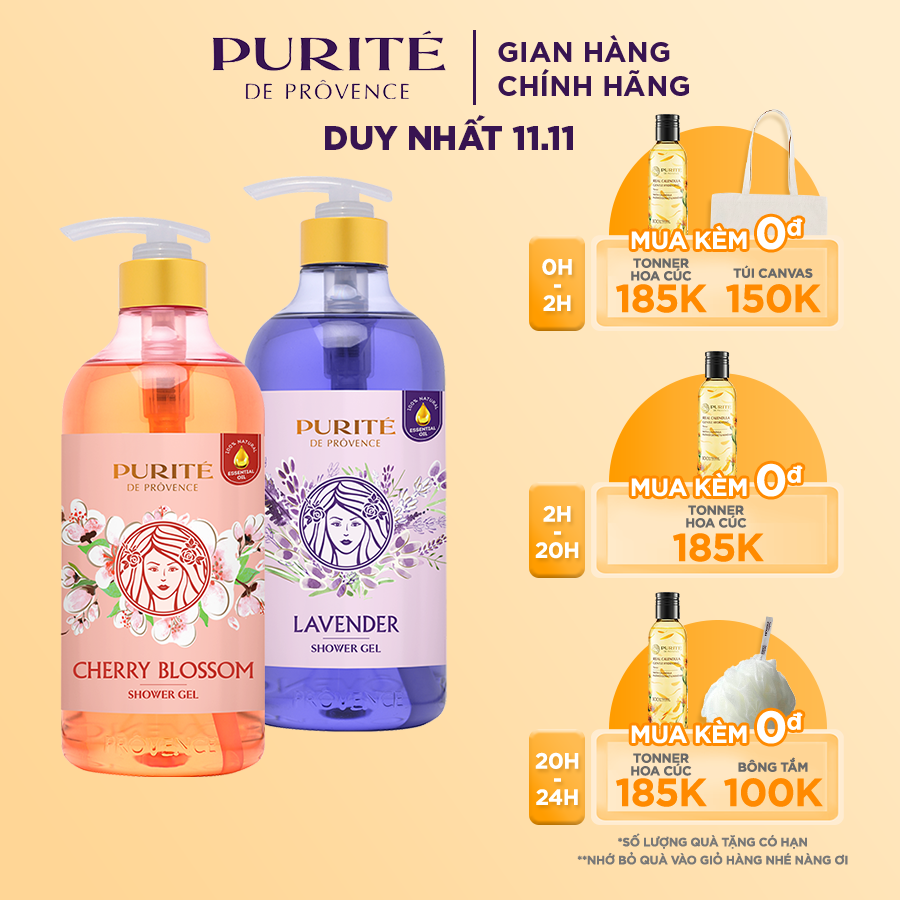 [Hàng Chính Hãng] Combo Sữa Tắm Purite Hoa Anh Đào 850ml/chai + Sữa Tắm Purite Hoa Oải Hương 850ml/chai